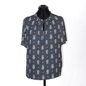 High-neck Blouse Short Puff Sleeve Floral